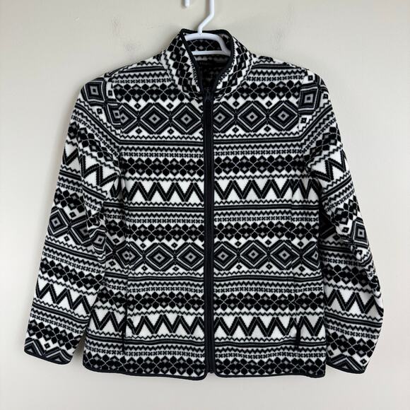 Talbots Jacket Women's Medium Nordic Print Full Zip Fleece Outdoor Black White - Picture 1 of 7